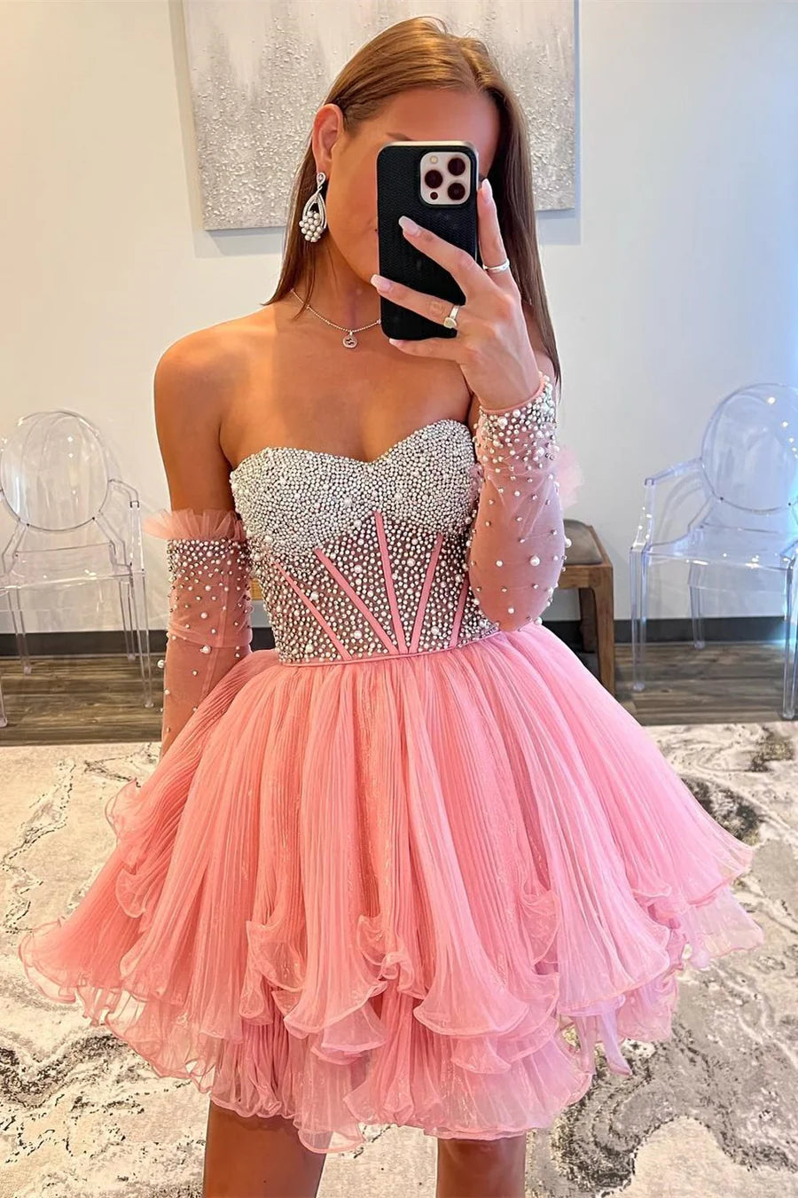 Vestido de fiesta con escote corazón y cuentas multicapa